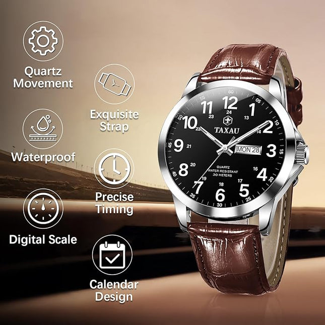Men's Watches Leather Band Stainless Steel Quartz Analog Watch Luxury Waterproof Watches for Men Dress Men's Wrist Watch with Day Date Arabic Numeral Relojes para Hombre