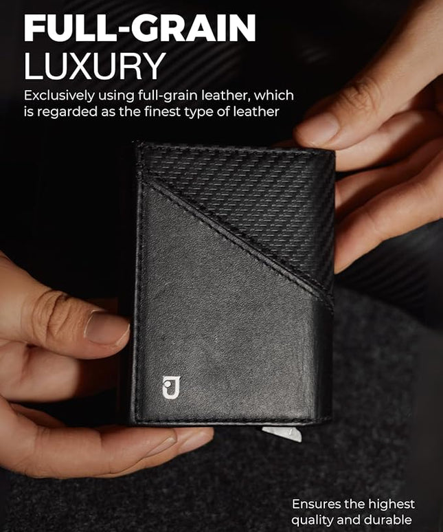 Jenoss Smart Wallet For Men: Full Grain Leather, Handcrafted, Slide Metal Pop Up Case, Slim RFID Blocking Credit Card Holder, Minimalist Compact 12 Cards Slot Organizers ID Money Clip (Black & Carbon)