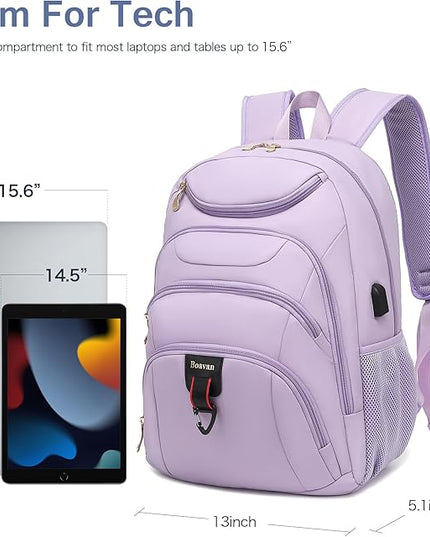 Boavan Laptop Backpack for women, 15.6inch Laptop Bag with USB Port, Waterproof Travel Work Backpack Purse, Anti-Theft Teacher Nurse Doctor Casual Bookbags Office Business backpack，Purple