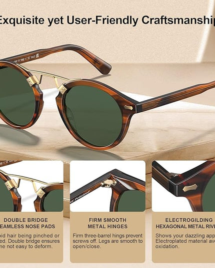 CARFIA Small Face Acetate Polarized Sunglasses for Women UV Protection, Retro Double Bridge Eyewears Metal Brow Round Sunnies