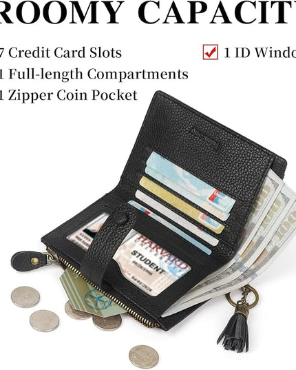 Blucoay Leather Wallet Women,RFID Blocking Small Wallet for Women Compact Card Holder Bifold Tassel Wallet Coin Purse With ID Window lzblack