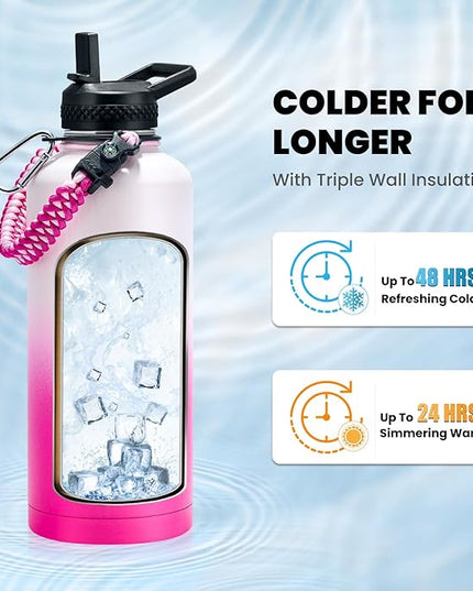 Insulated Water Bottle 87 oz, Triple Wall Vacuum Stainless Steel (Cold for 48 Hrs), Leak Proof & Non-BPA, Modern Water Flask Jug with Paracord Handle & Straw Spout Lids, Ombre Pink