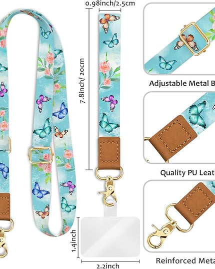 Phone Lanyard Crossbody Wrist Strap, Butterfly Flower Cell Phone Lanyards for Around the Neck Wristlet Shoulder, Adjustable Floral Strap for Car Keys Keychain Wallet ID Badge