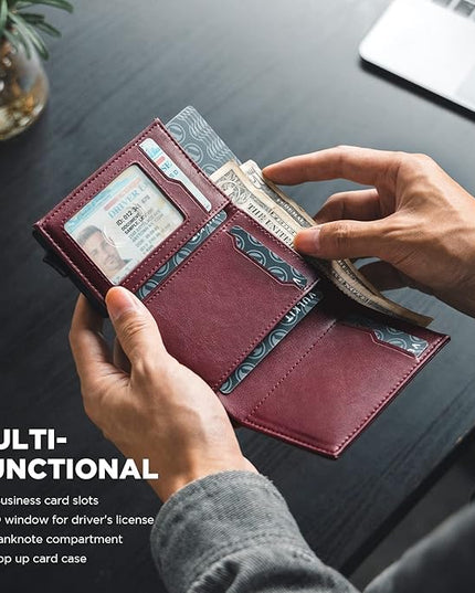 VULKIT Pop up Card Wallet Minimalist Cash Wallets RFID Blocking Leather Smart Credit Card Holder with ID window for Men (Wine)