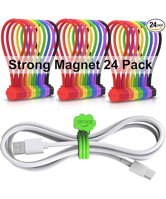 SOOOEC Magnetic Cable Ties, 24 Pack 7.2" Magnetic Cord Organizer Cute Cloud Design, Reusable Silicone Twist Ties with Strong Magnet for Bundling and Cable Management, Fridge Magnets, Assorted Colors.
