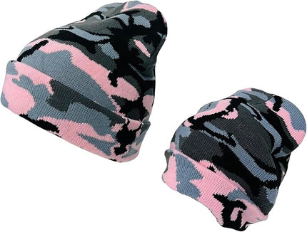 Super Soft Adult & Child Camo Print Winter Knit Beanie Set