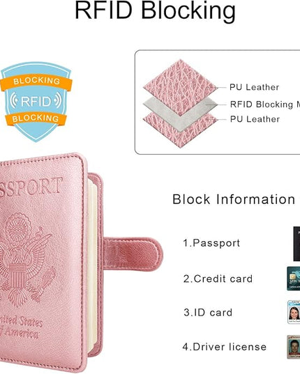 WALNEW Passport Holder for Travel, RFID Passport Cover Wallet for Women Men, PU Leather Passport Book Card Holder Case with Pen (Buckle Closure, Buckle-Rosegold)