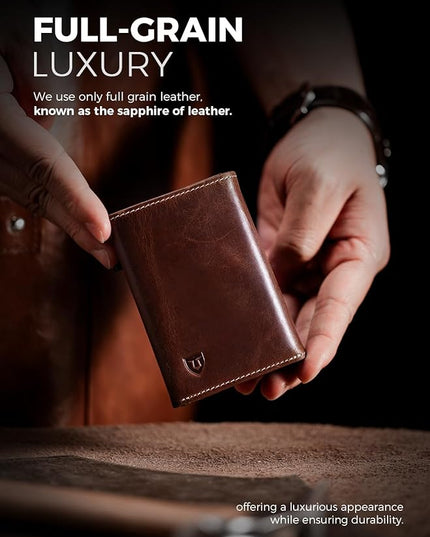 LORZOR Wallet for Men with Metal Card Holder, Pop Up Wallet, Finest Full Grain Leather Trifold Wallet, Smart, Minimalist, RFID Blocking, Front Pocket, ID Window, VintageBrown/Silver