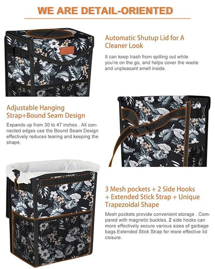 Car Trash Can with Lid, Cute Leakproof Car Trash Garbage Bag Hanging Vehicle Trash Bin Small Portable Automotive Garbage Cans Organizer for Back/Front Seat(Trapezoid,Black with Lily Print)