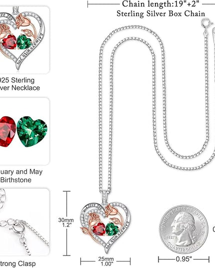 Iefil Christmas Gifts for Women Wife - 925 Sterling Silver Rose Heart Birthstone Necklace Birthday Anniversary Jewelry Gifts for Her Wife Mom Daughter