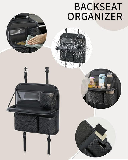 Leather Car Backseat Organizer with Foldable Table Tray - Cup, Tissue, Tablet Holder & Purse Hook, Road Trip Essentials for Car (Black)