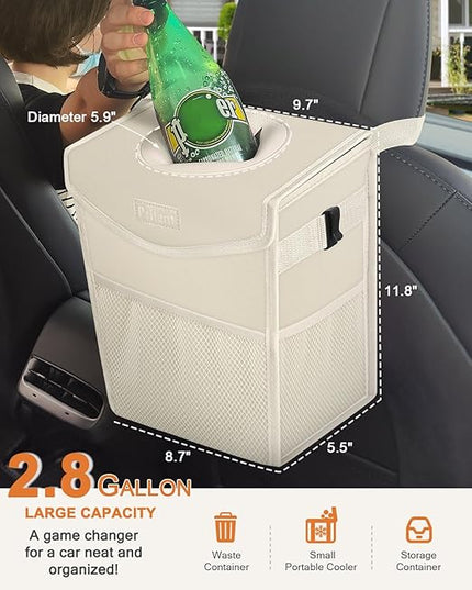 Car Trash Can with Lid, Cute Leakproof Car Trash Garbage Bag Hanging Vehicle Trash Bin Small Portable Automotive Garbage Cans Organizer for Back/Front Seat/Console(2.8 Gallons,Beige