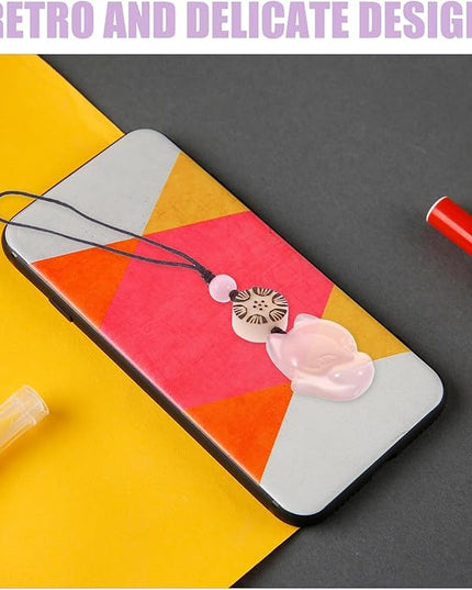 Fox Phone Charm Keychain Pendant for Women Small Pink Phone Chain with Natural Chalcedony Creative Bag and Key Decoration