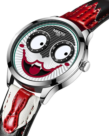NIBOSI Watches for Men Analog Quartz Clown Dial Wrist Watches Unique Weird Fashion Cool Watch Waterproof Leather Strap Men's Watches