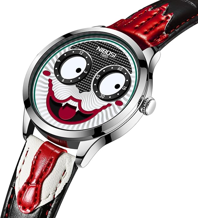 NIBOSI Watches for Men Analog Quartz Clown Dial Wrist Watches Unique Weird Fashion Cool Watch Waterproof Leather Strap Men's Watches