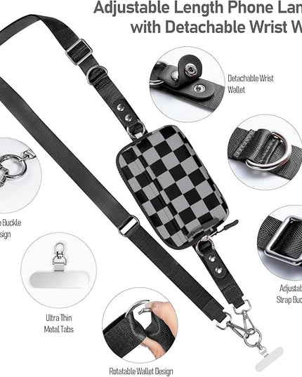 Clip and Go Strap for Phone with Wallet Crossbody Phone Lanyard and Detachable Checkered Bag with ID Window and RFID Pouch for Daily Travel.