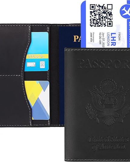 Shvigel Genuine Leather Passport Cover – Passport Holder for Men & Women – Crazy Horse Leather Travel Wallet Black
