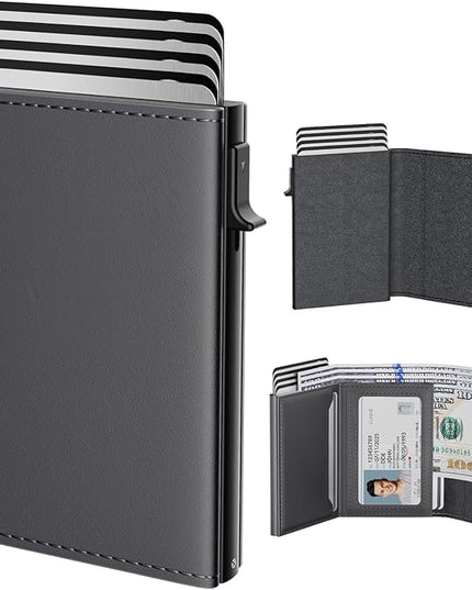 typecase Mens Wallet Card Holder: Pop Up Aluminum Case, Premium Genuine Leather, Smart, RFID Blocking, Slim, Minimalist, Front Pocket - 9-14 Card Capacity | ID Window | Cash Slot - Deep Grey