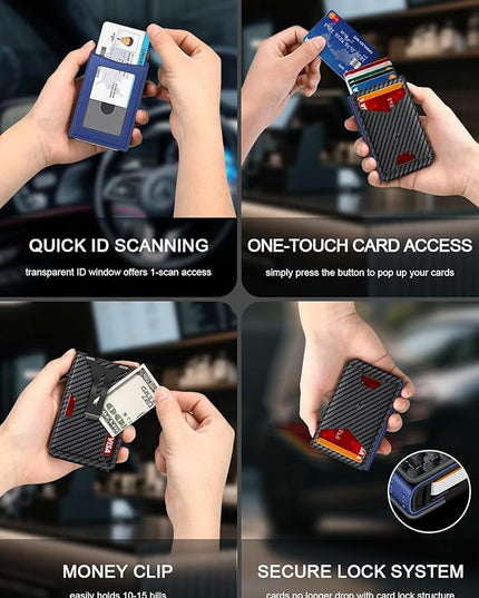 Ruiici Wallet for Men, Slim Minimalist Wallet with Money Clip＆ID Window, RFID Blocking Pop-Up Credit Card Holder, Smart Auminum Mens Wallet Holds 9-13 Cards (Gift Box) (Carbon Fiber & Blue)