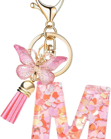 Fashion Alphabet Initial Letter Keychain Tassel Butterfly Pendant Key Ring for Purse Handbags Women Girl