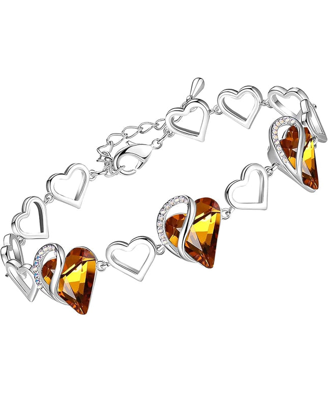Leafael Infinity Love Heart Link Bracelets, Birthstone or Healing Stone Crystal Bracelet for Women, Silver Tone Jewelry Gifts for Her, 7-inch Chain and 2-inch Extender