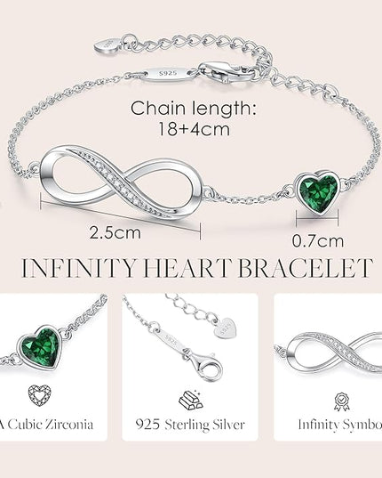 CDE Valentine's Day Gift Infinity Heart Birthstone Charm Link Bracelet for Women 925 Sterling Silver Adjustable Mother's Day Christmas Day Gift Anniversary Birthday Jewelry for Wife Girlfriend Her