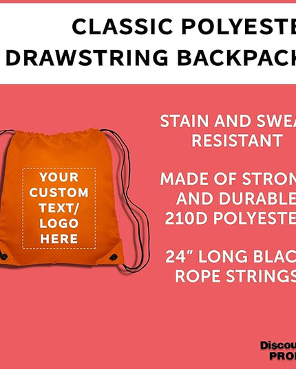DISCOUNT PROMOS Custom Classic Polyester Drawstring Bagpack Set of 10/50/100, Personalized Bulk Pack - Great for Travelling, Gym and for Everyday Use - Orange