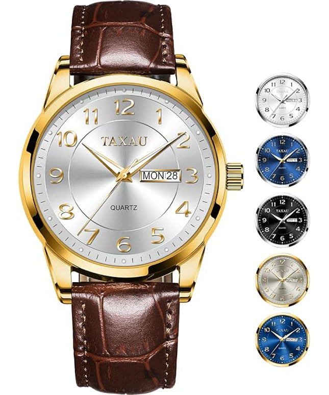 Men Dress Watch Waterproof Leather Watches for Men with Day Date Luxury Large Arabic Numerals Analog Quartz Classic Leather Watch Easy Read relojes para Hombres