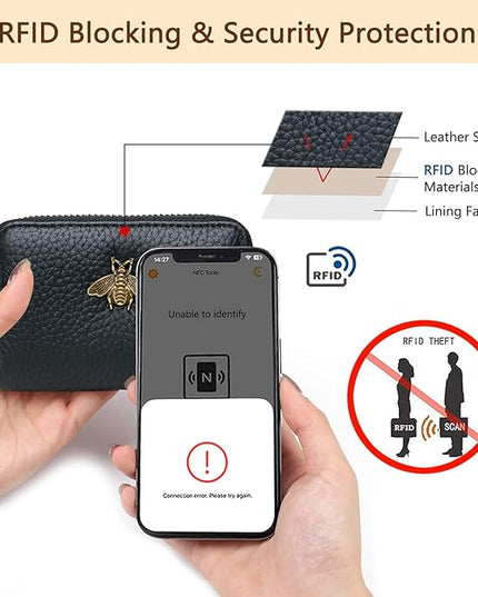 imeetu RFID Credit Card Holder, Small Leather Zipper Card Case Wallet for Women