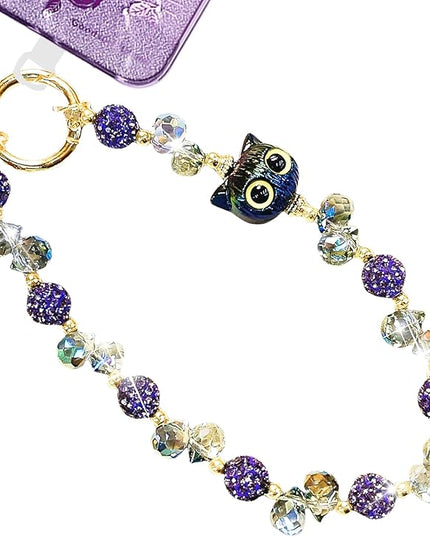 Beaded Phone Wrist Strap for Women with Cute Owl Charm, Anti-Lost Keychain Bracelet Lanyard for Cellphone, Handbag, and Keys (Owl-(Purple)