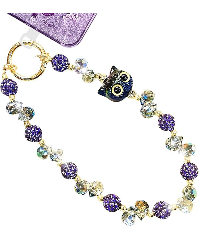 Beaded Phone Wrist Strap for Women with Cute Owl Charm, Anti-Lost Keychain Bracelet Lanyard for Cellphone, Handbag, and Keys (Owl-(Purple)