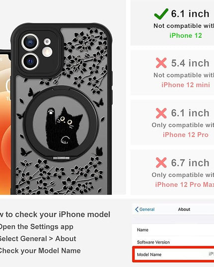 Cute Case for iPhone 12 Case with Stand [ Compatible with MagSafe ] Kawaii Black Cat & Floral & Butterflies Pattern Design 360 Magnetic Ring Kickstand Phone Cover for Women Girls Boys