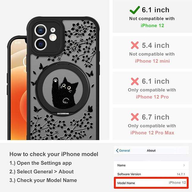 Cute Case for iPhone 12 Case with Stand [ Compatible with MagSafe ] Kawaii Black Cat & Floral & Butterflies Pattern Design 360 Magnetic Ring Kickstand Phone Cover for Women Girls Boys
