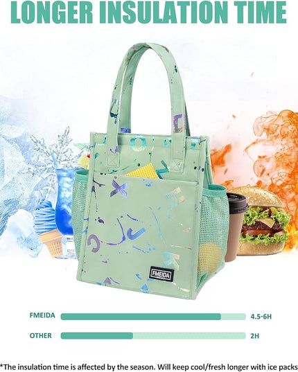 Fmeida Insulated Lunch Bag Women, 6.75L Small Lunch Bags with Multiple Pockets, Reusable Thermal Cooler Tote for Work, Office, Picnic, Travel | Hook and Loop Closure, Colorful Letters