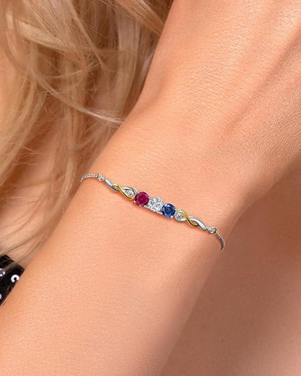Gem Stone King Customized and Personalized 3-Stone Adjustable Bolo Bracelet for Women | 925 Sterling Silver and 10K Yellow Gold | Gemstone Birthstones and Lab Grown Diamond | Easy-On Easy-Off