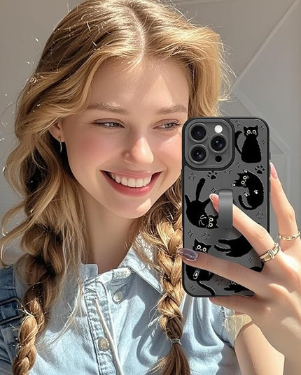Cute Case for iPhone 16 Pro Max Case with Finger Loop Stand, Kawaii Black Cats Pattern Design for Women Girls Boys, Full Camera Protection Protective Phone Cover with Hand Strap Kickstand