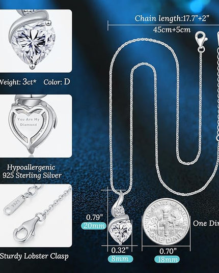 ANDSO Moissanite Heart Pendant Necklaces for Women, 925 Sterling Silver Necklace with Birthstone, Ideal Anniversary Present or Birthday Christmas Valentine Jewelry Gifts for Mom Wife Her Girlfriend