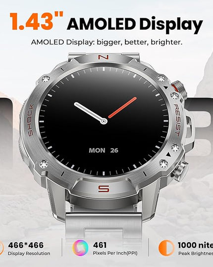 WalkerFit Smart Watch for Men, 1.43" Round AMOLED, 5ATM Waterproof for Swim, Heart Rate & Sleep Monitor, Long Battery, Outdoor Activity Tracker, Voice Control&Bluetooth Call, for iPhone Android,Silver