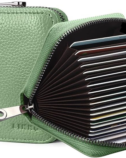 Linno RFID 20 Slots Credit Card Holder Genuine Leather Small Wallet for Women or Men with Zipper