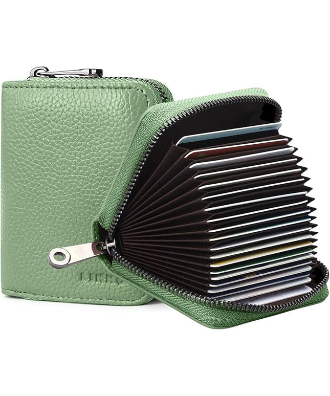 Linno RFID 20 Slots Credit Card Holder Genuine Leather Small Wallet for Women or Men with Zipper
