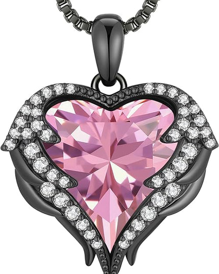 CDE Christmas Gifts for Women Angel Wings Necklace for Women with Birthstone, Love Heart Silver Tone/Gold Tone Pendant, Ideal Anniversary or Birthday Jewelry Gifts for Wife Girlfriend Her