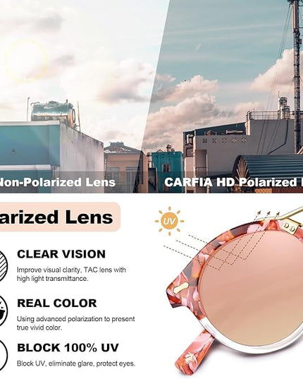 CARFIA Small Face Acetate Polarized Sunglasses for Women UV Protection, Retro Double Bridge Eyewears Metal Brow Round Sunnies