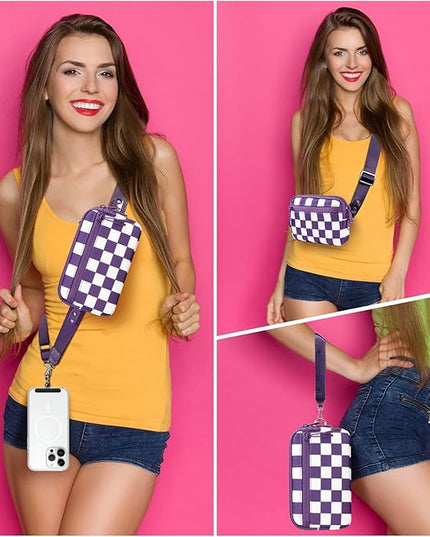 Clip and Go Strap for Phone with Wallet Crossbody, Adjustable Phone Lanyard with Detachable RFID Wristlet Wallet, Phone Strap with Phone Tabs for All Phones, Purple Checkered (L)