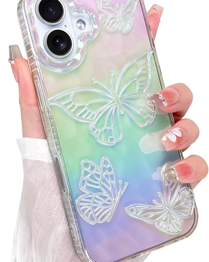 Cute Case for iPhone 17 Case for Women Girls, with 3D Butterflies Pattern Design, Aesthetic Clear Iridescent Glitter Kawaii Girly Rainbow Protective Phone Cover