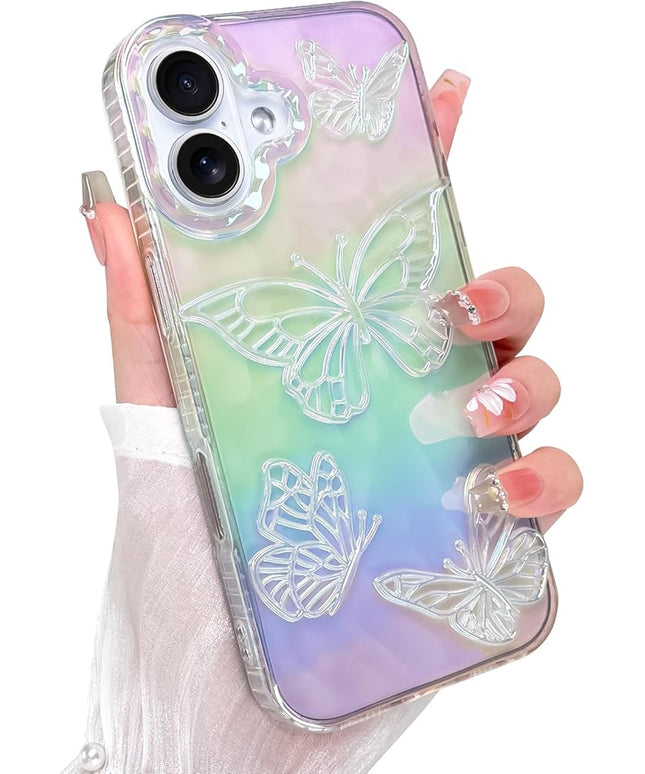 Cute Case for iPhone 17 Case for Women Girls, with 3D Butterflies Pattern Design, Aesthetic Clear Iridescent Glitter Kawaii Girly Rainbow Protective Phone Cover