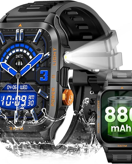 Military Smart Watches for Men (Answer/Make Calls) with Powerful Flashlight 1.96" HD, Outdoor Tactical Smartwatch with Big Battery 880mAh Sport Modes Health Monitor 3ATM for iPhone/Android