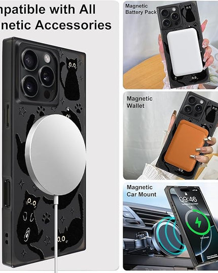 Cute Case for iPhone 16 Pro Case for Women Girls Boys [Compatible with Magsafe] Kawaii Black Cats Cat Pattern Design, Aesthetic Girly Animal Rectangle Magnetic Protective Phone Cover