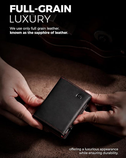LORZOR Wallet for Men with Metal Card Holder, Pop Up Wallet, Finest Full Grain Leather Trifold Wallet, Smart, Minimalist, RFID Blocking, Front Pocket, ID Window, Black/Red