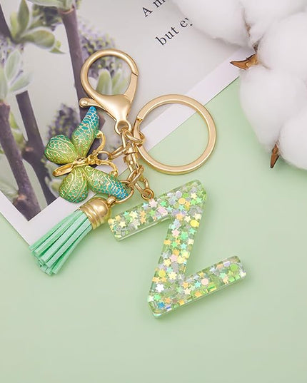 Fashion Alphabet Initial Letter Keychain Tassel Butterfly Pendant Key Ring for Purse Handbags Women Girl