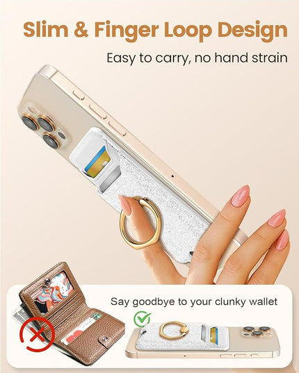 Shorogyt Compatible with Magsafe Wallet Magnetic Card Holder - Phone Wallets with Ring Grip Stand Cute Fashion for iPhone 17/16/15/14/13/12 Series for Women Girls Glitter White Design, Fit 3 Cards